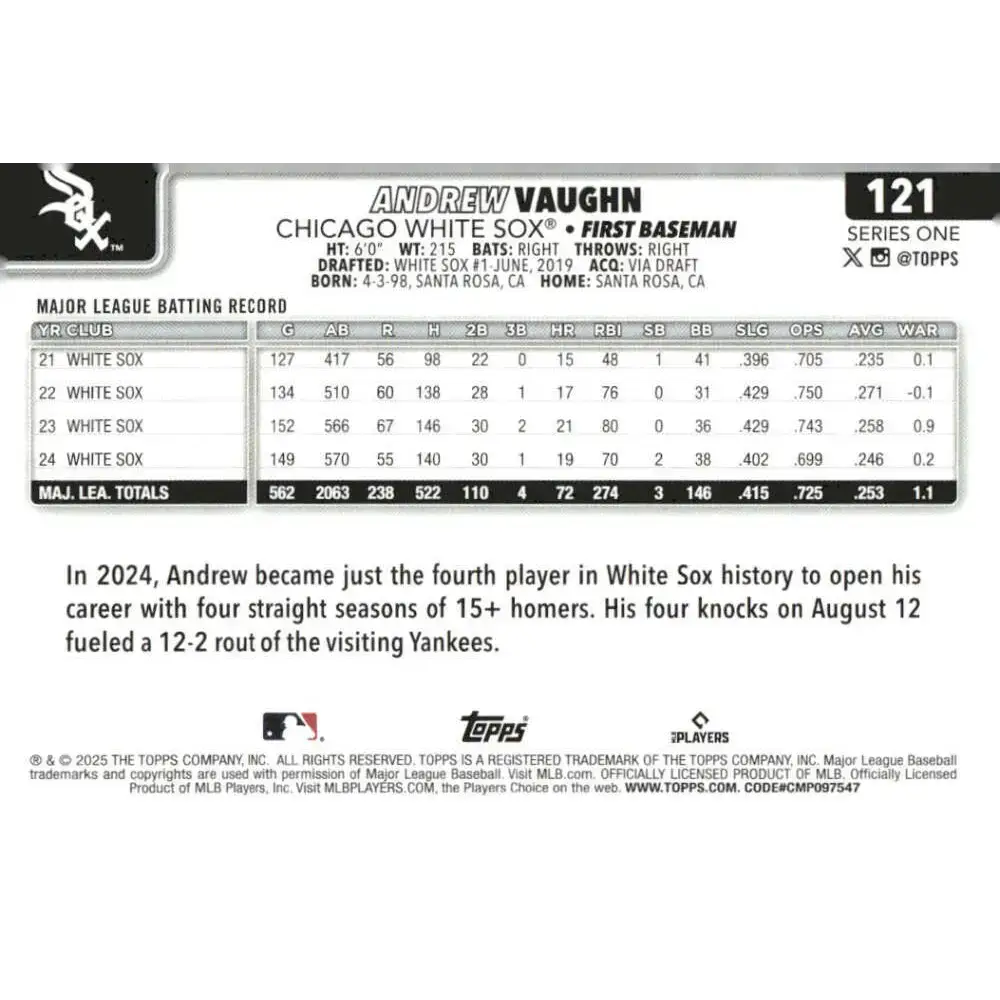 2025 Topps #121 Andrew Vaughn NM-MT Chicago White Sox Baseball Card - Baseball Card Single
