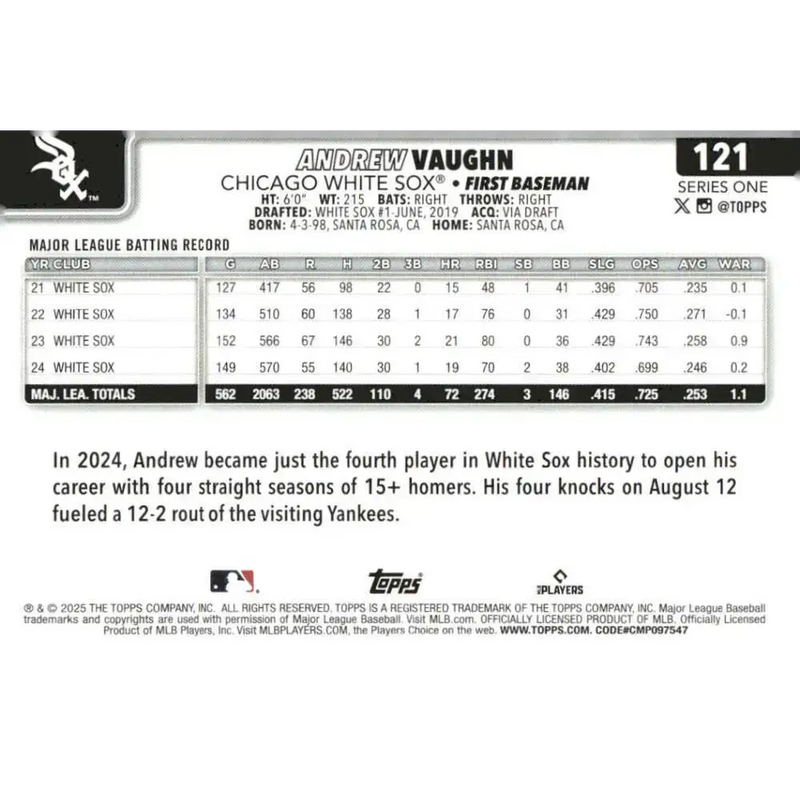 2025 Topps #121 Andrew Vaughn NM-MT Chicago White Sox Baseball Card - Baseball Card Single