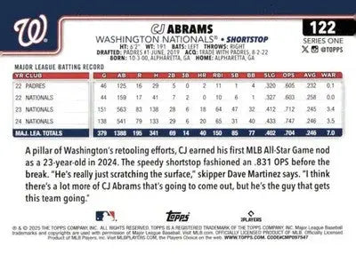 2025 Topps #122 CJ Abrams NM-MT Nationals ID:78925 - Baseball Card Single