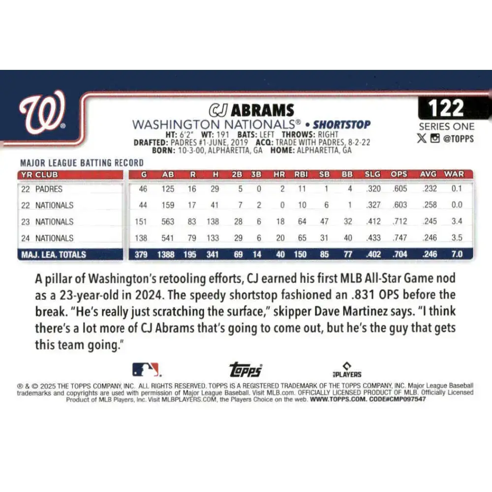 2025 Topps #122 CJ Abrams NM-MT Washington Nationals Baseball Card - Baseball Card Single
