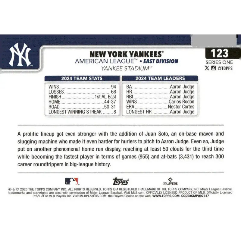 2025 Topps #123 New York Yankees NM-MT New York Yankees Baseball Card - Baseball Card Single