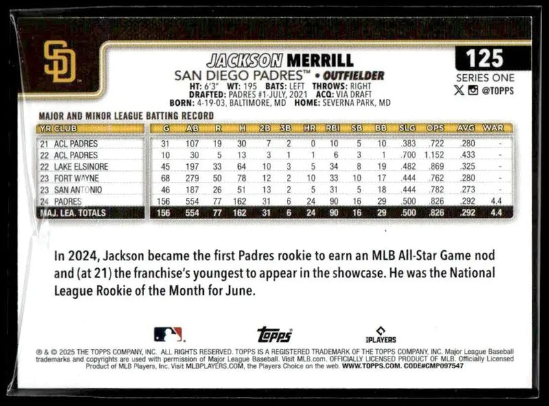 2025 Topps #125 Jackson Merrill - Baseball Card Single