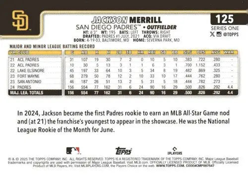 Original gloss baseball trading card of Jackson Merrill NM-MT Padres with batting record