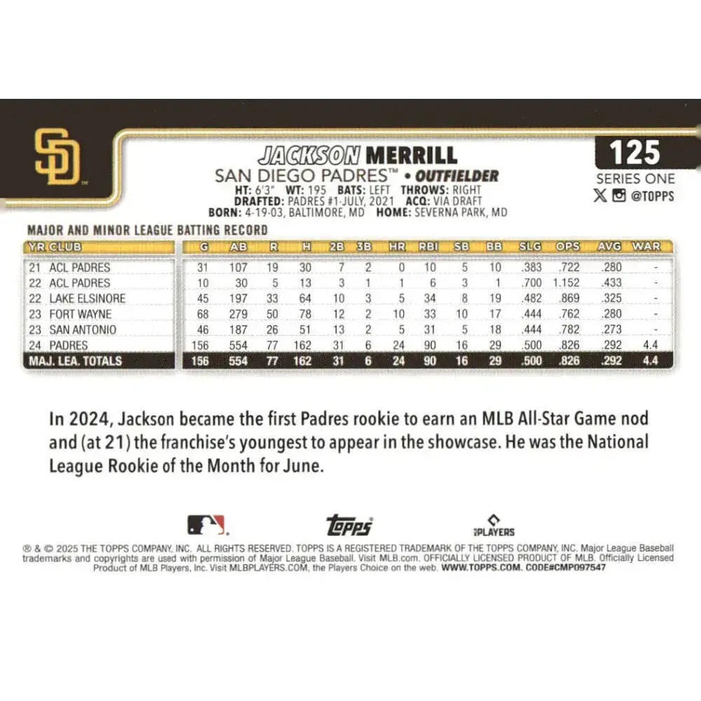 2025 Topps #125 Jackson Merrill NM-MT San Diego Padres Baseball Card - Baseball Card Single