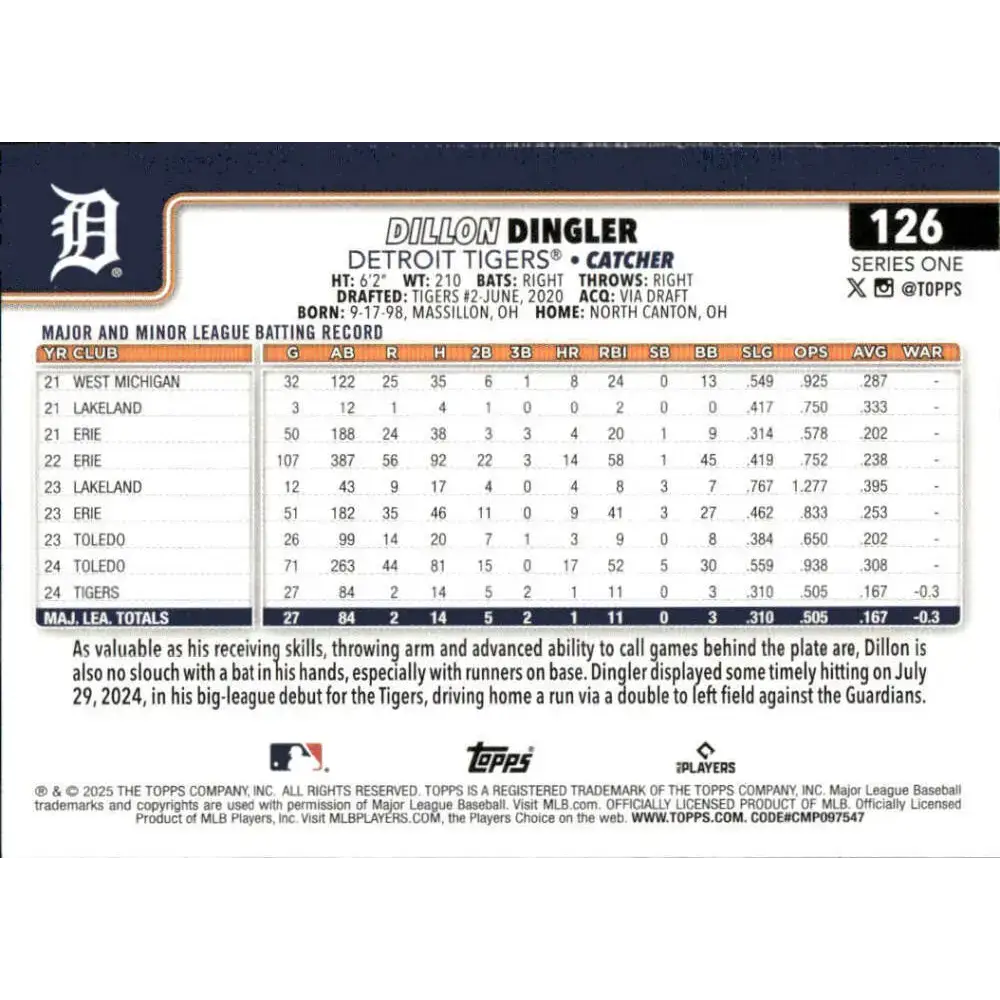 2025 Topps #126 Dillon Dingler NM-MT RC Rookie Detroit Tigers Baseball Card - Baseball Card Single