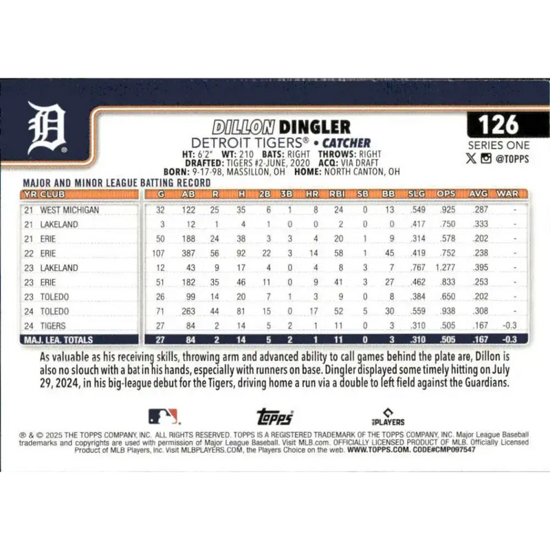 2025 Topps #126 Dillon Dingler NM-MT RC Rookie Detroit Tigers Baseball Card - Baseball Card Single