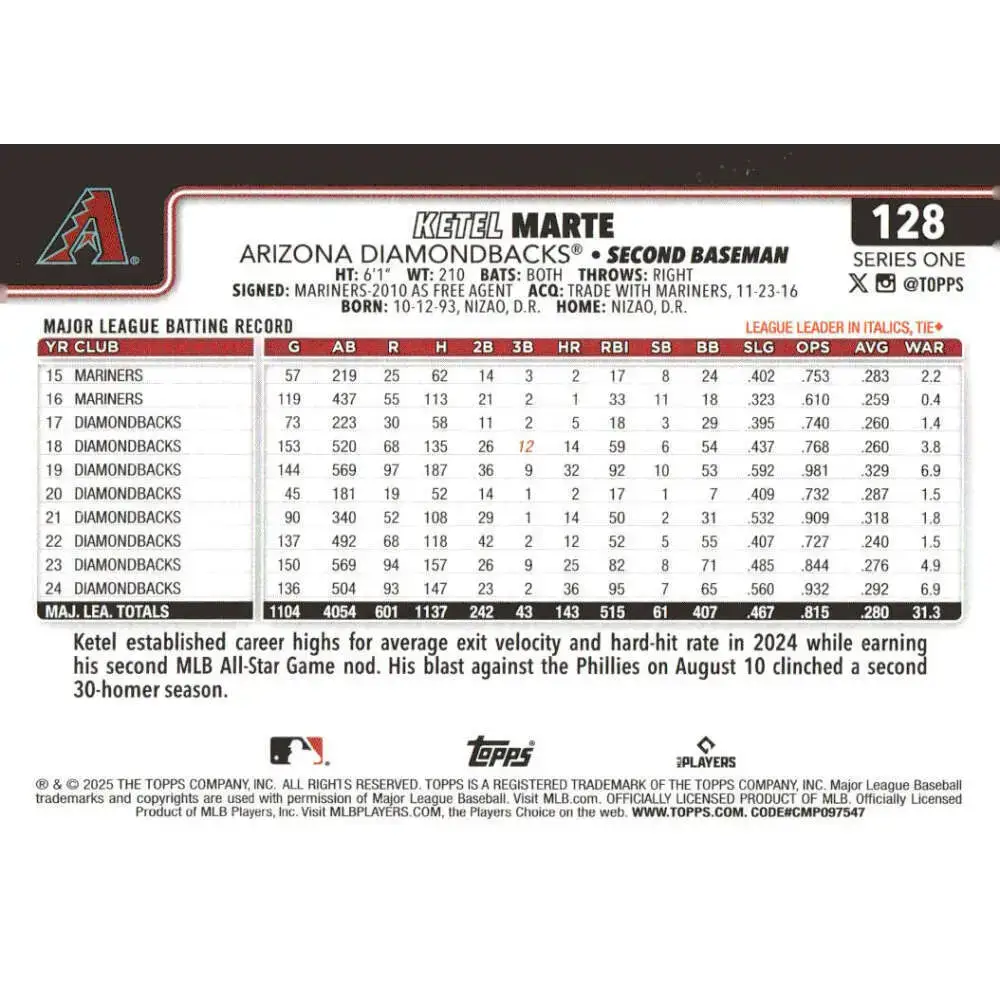 2025 Topps #128 Ketel Marte NM-MT Arizona Diamondbacks Baseball Card - Baseball Card Single
