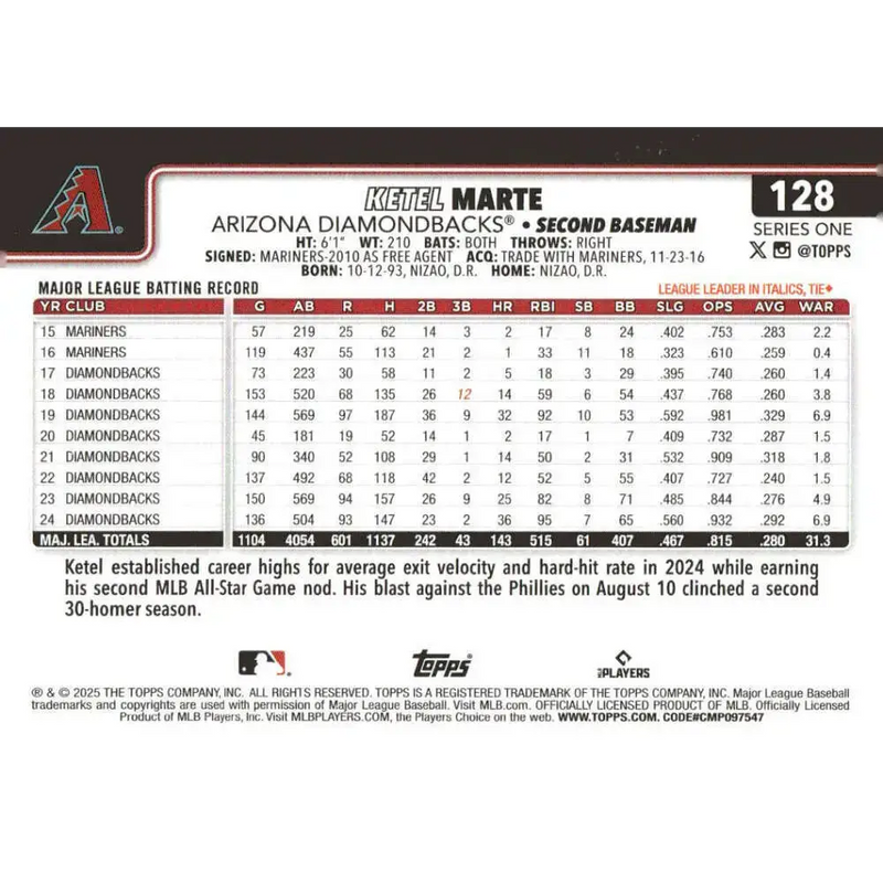 2025 Topps #128 Ketel Marte NM-MT Arizona Diamondbacks Baseball Card - Baseball Card Single