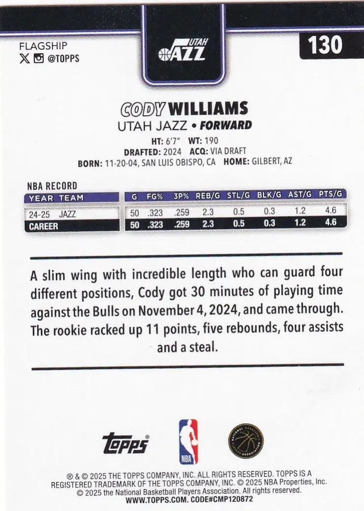 2025 TOPPS #130 CODY WILLIAMS REFRACTOR- UTAH JAZZ