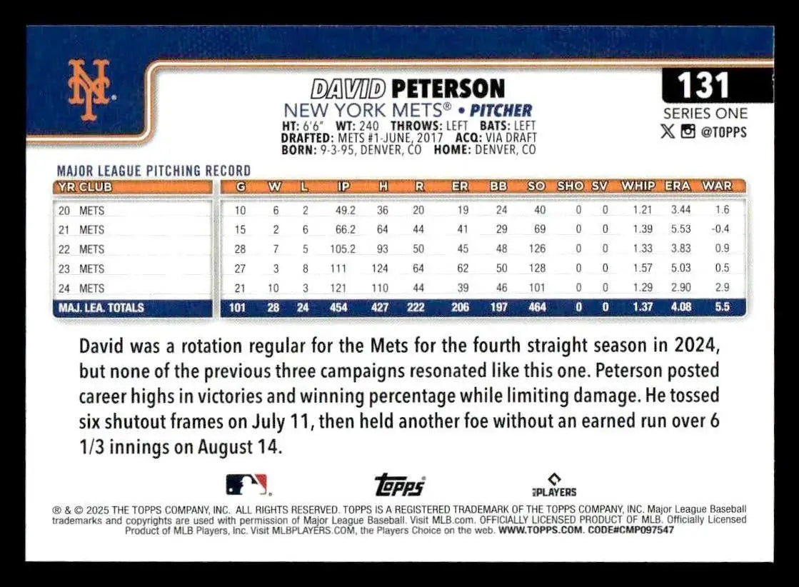 2025 Topps #131 David Peterson - Baseball Card Single
