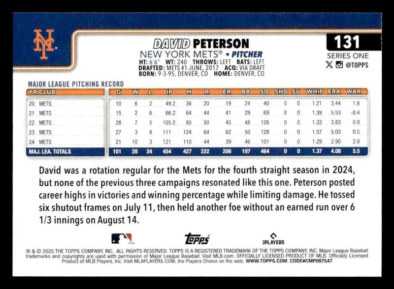 2025 Topps #131 David Peterson - Baseball Card Single