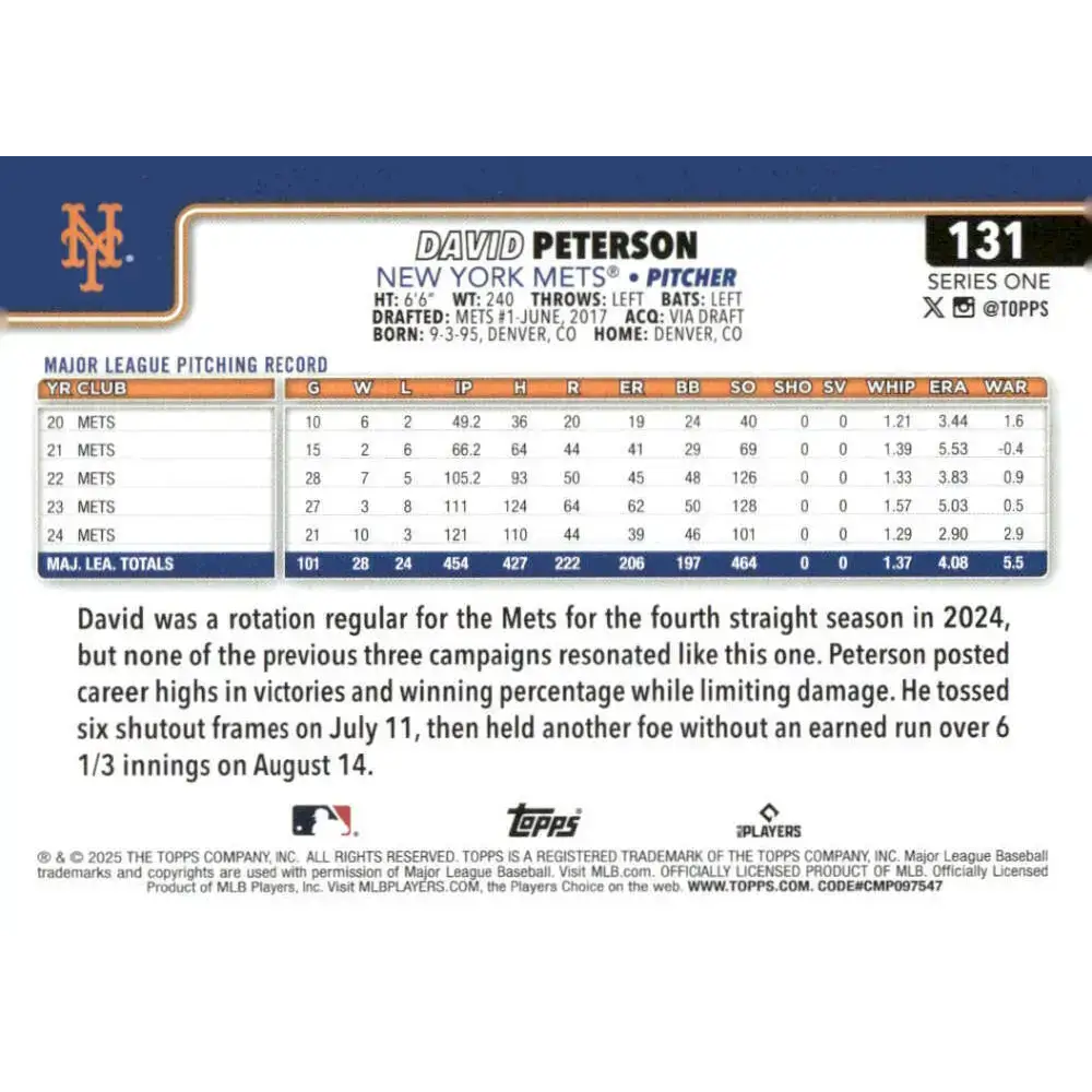 2025 Topps #131 David Peterson NM-MT New York Mets Baseball Card - Baseball Card Single