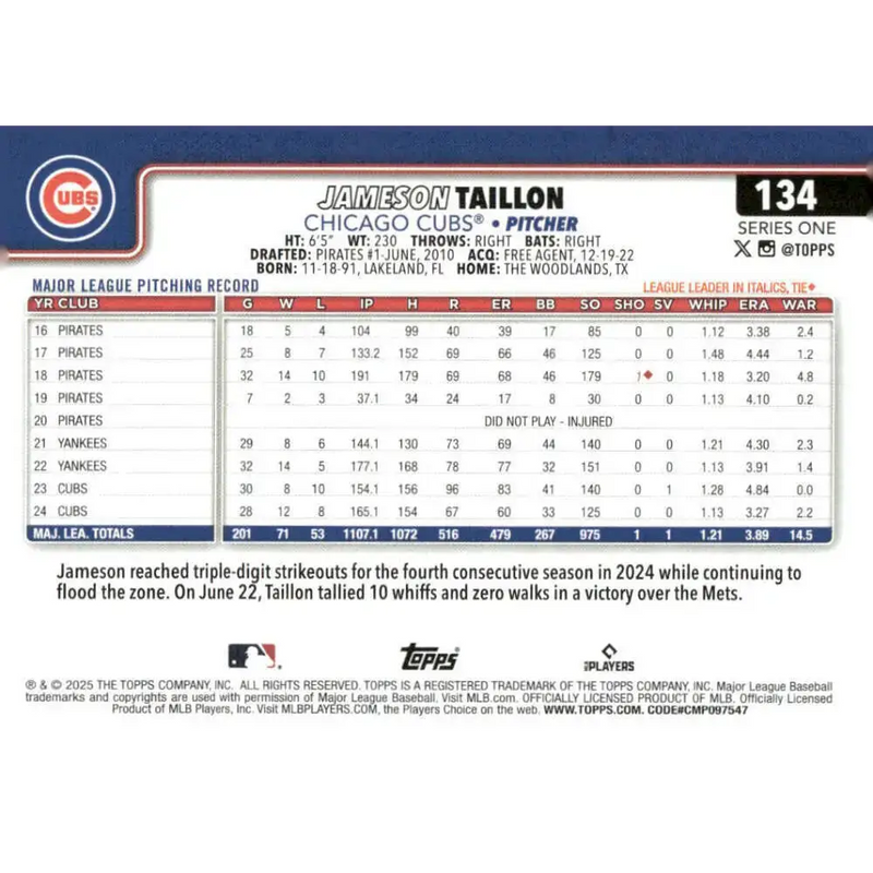 2025 Topps #134 Jameson Taillon NM-MT Chicago Cubs Baseball Card - Baseball Card Single