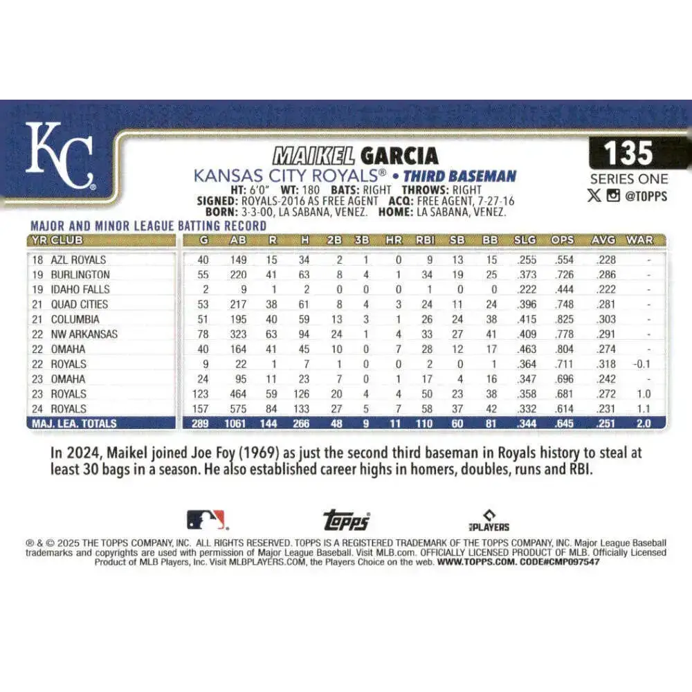 2025 Topps #135 Maikel Garcia NM-MT Kansas City Royals Baseball Card - Baseball Card Single