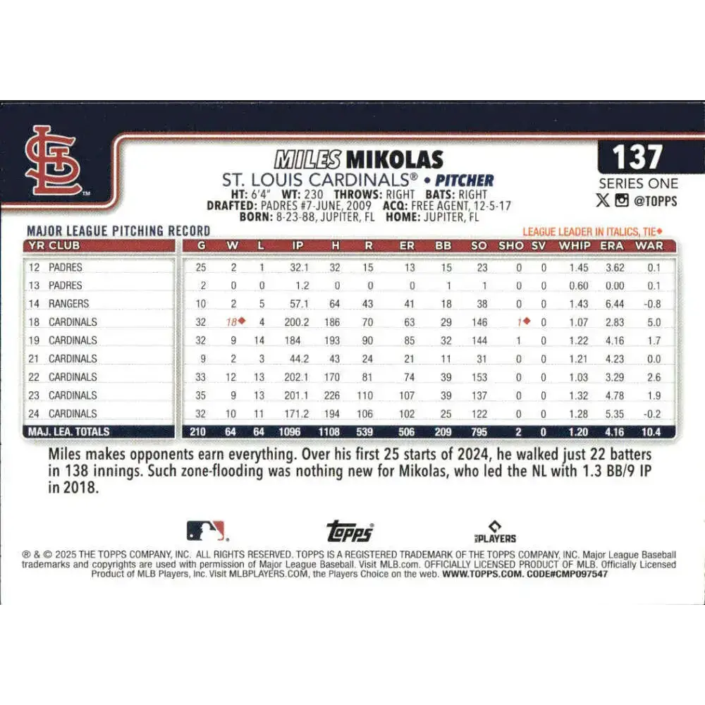 2025 Topps #137 Miles Mikolas NM-MT St Louis Cardinals Baseball Card - Baseball Card Single