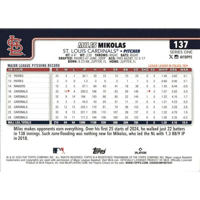 2025 Topps #137 Miles Mikolas NM-MT St Louis Cardinals Baseball Card - Baseball Card Single