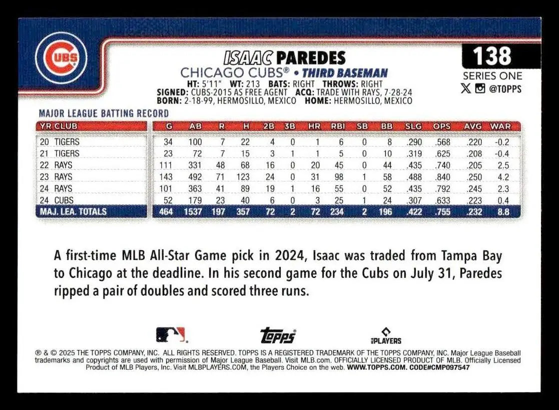 2025 Topps #138 Isaac Paredes - Baseball Card Single