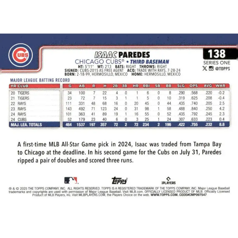 2025 Topps #138 Isaac Paredes NM-MT Chicago Cubs Baseball Card - Baseball Card Single