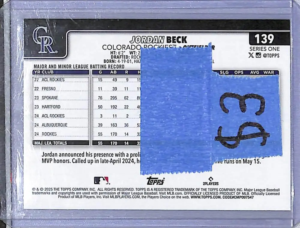 2025 Topps #139 Jordan Beck NM-MT Colorado Rockies - Baseball Card Single
