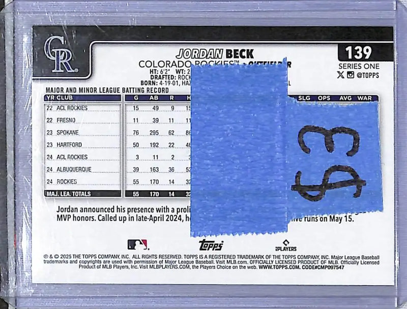 2025 Topps #139 Jordan Beck NM-MT Colorado Rockies - Baseball Card Single