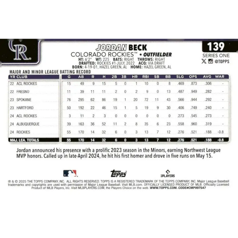 2025 Topps #139 Jordan Beck NM-MT Colorado Rockies Baseball Card - Baseball Card Single