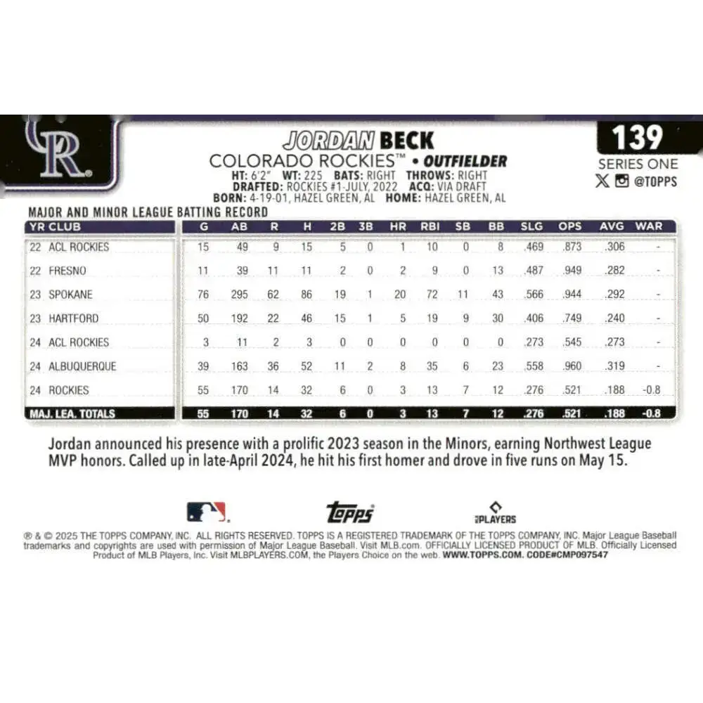 2025 Topps #139 Jordan Beck NM-MT Colorado Rockies Baseball Card - Baseball Card Single