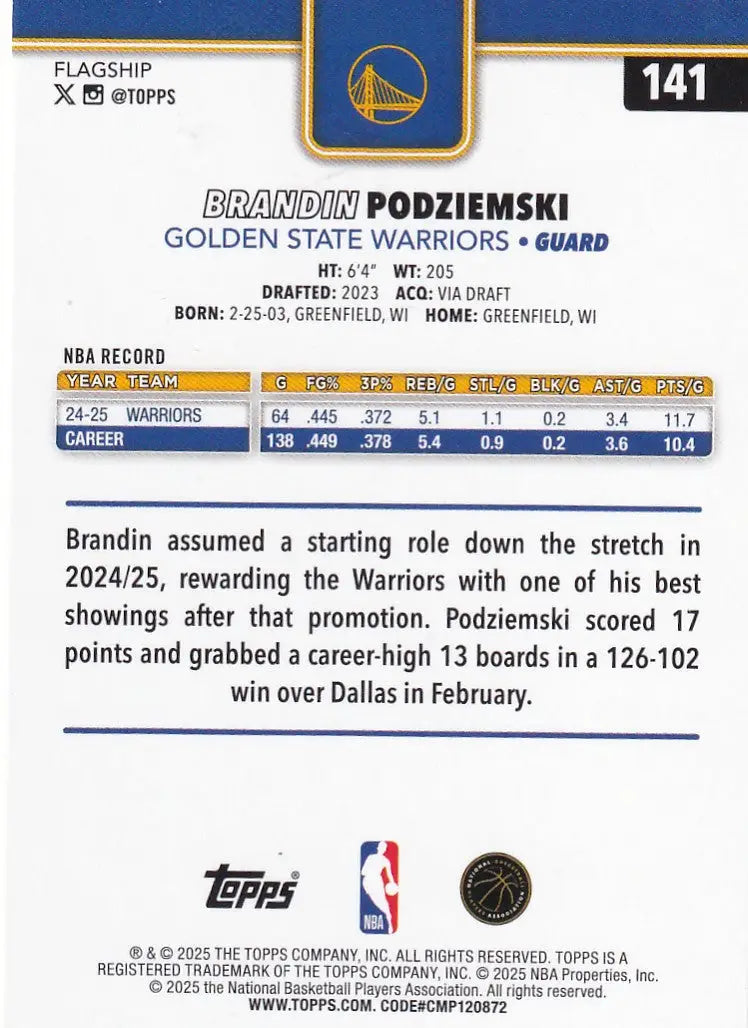 2025 TOPPS #141 BRANDIN PODZIEMSKI REFRACTOR- GOLDEN STATE WARRIORS