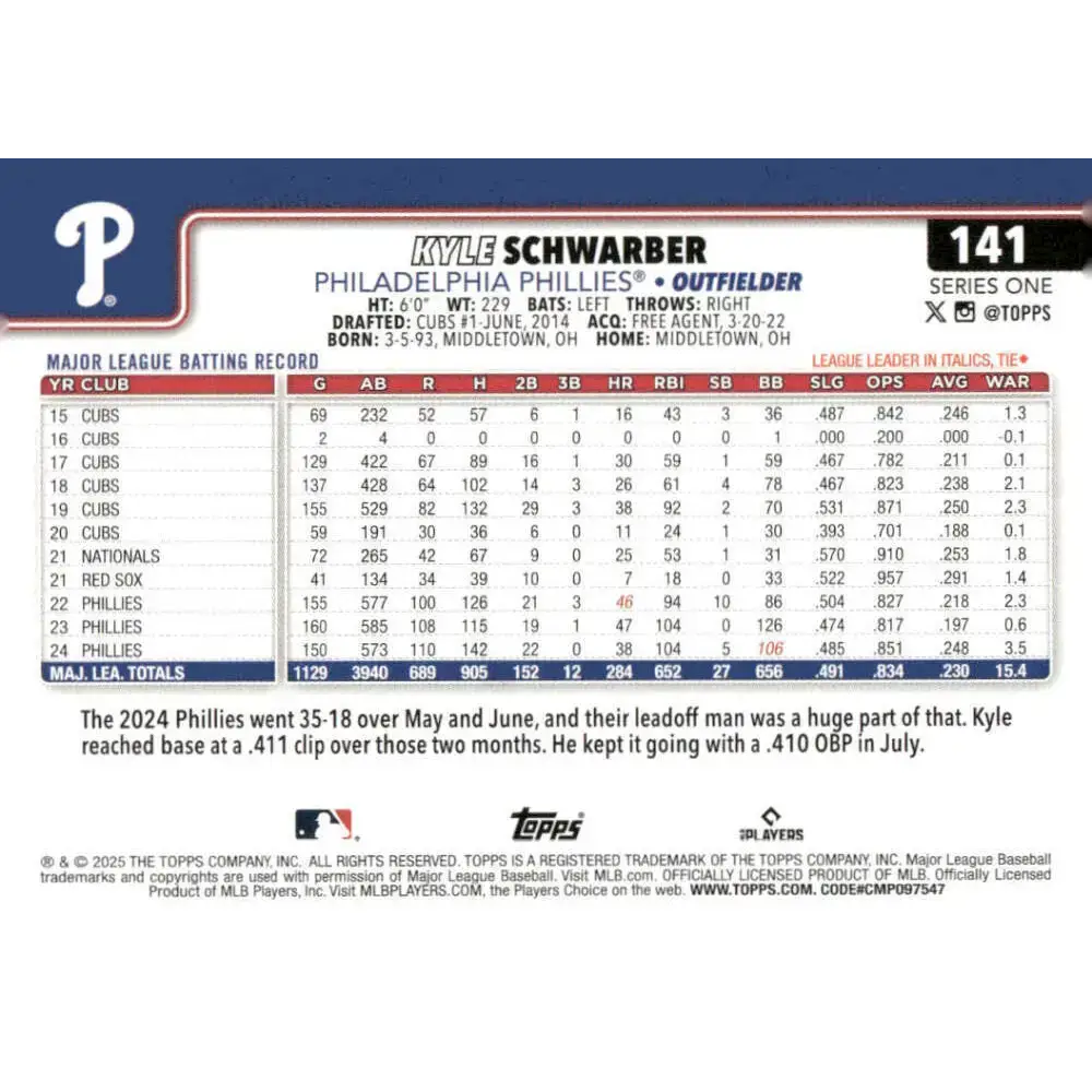 2025 Topps #141 Kyle Schwarber NM-MT Philadelphia Phillies Baseball Card - Baseball Card Single