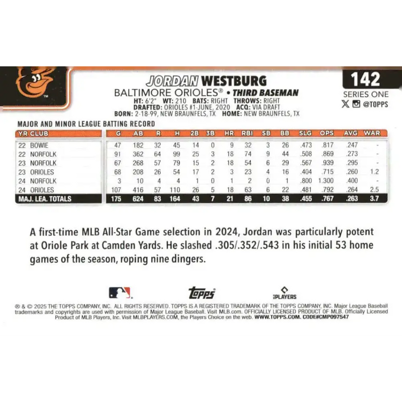 2025 Topps #142 Jordan Westburg NM-MT Baltimore Orioles Baseball Card - Baseball Card Single