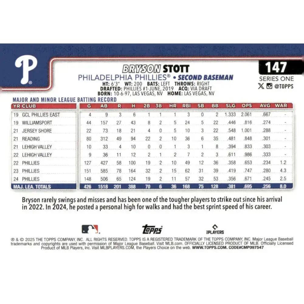 2025 Topps #147 Bryson Stott NM-MT Philadelphia Phillies Baseball Card - Baseball Card Single