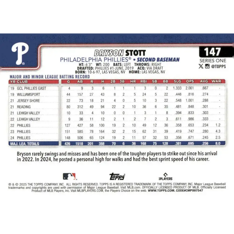 2025 Topps #147 Bryson Stott NM-MT Philadelphia Phillies Baseball Card - Baseball Card Single