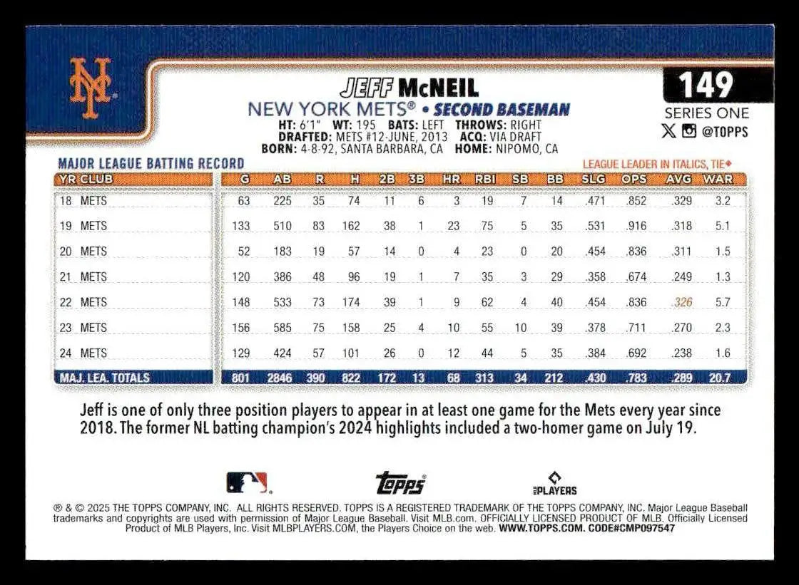 2025 Topps #149 Jeff McNeil - Baseball Card Single