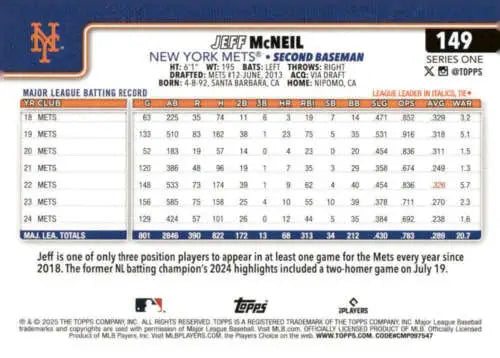 Jeff McNeil baseball card with original gloss from 2025 Topps #149 NM-MT Mets