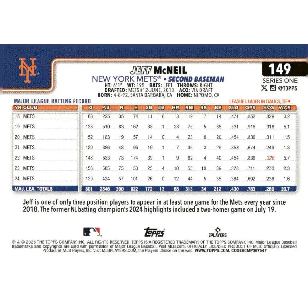 2025 Topps #149 Jeff McNeil NM-MT New York Mets Baseball Card - Baseball Card Single