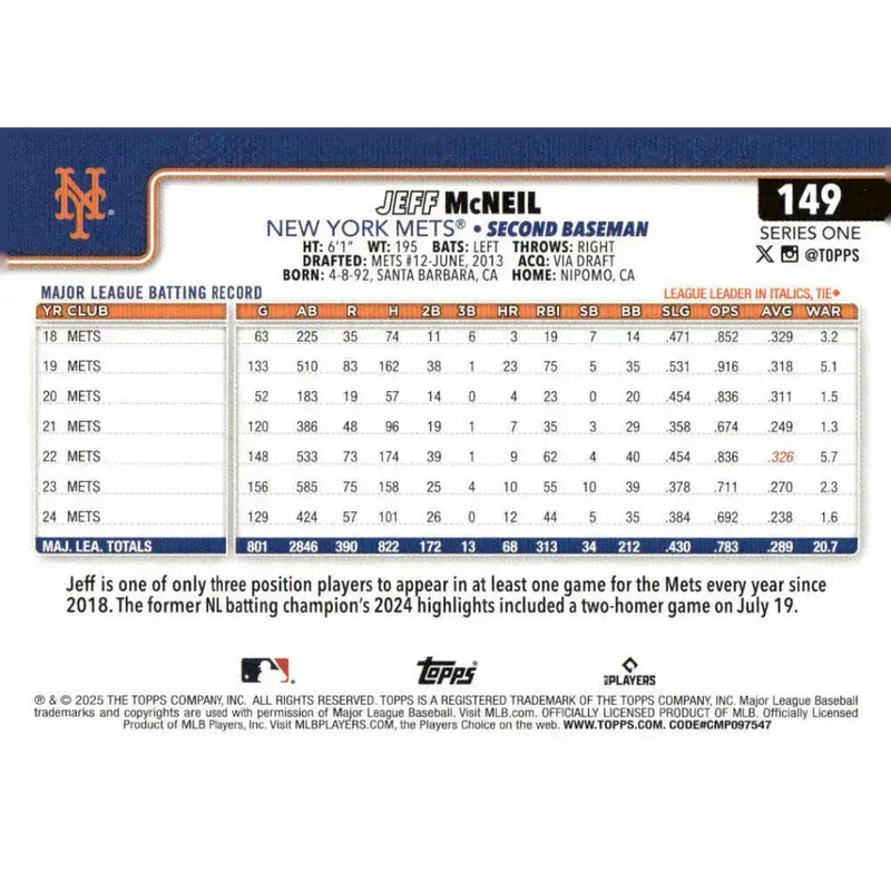 2025 Topps #149 Jeff McNeil NM-MT New York Mets Baseball Card - Baseball Card Single