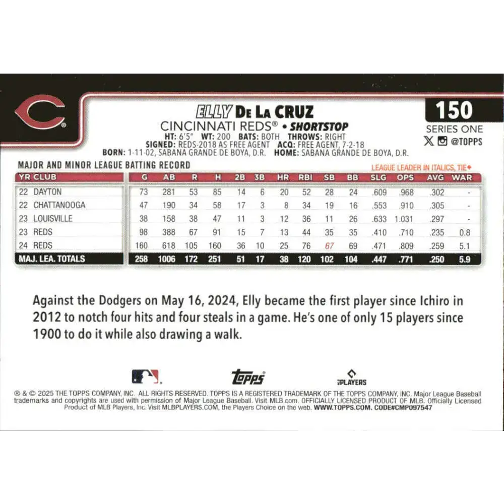 2025 Topps #150 Elly De La Cruz NM-MT Cincinnati Reds Baseball Card - Baseball Card Single