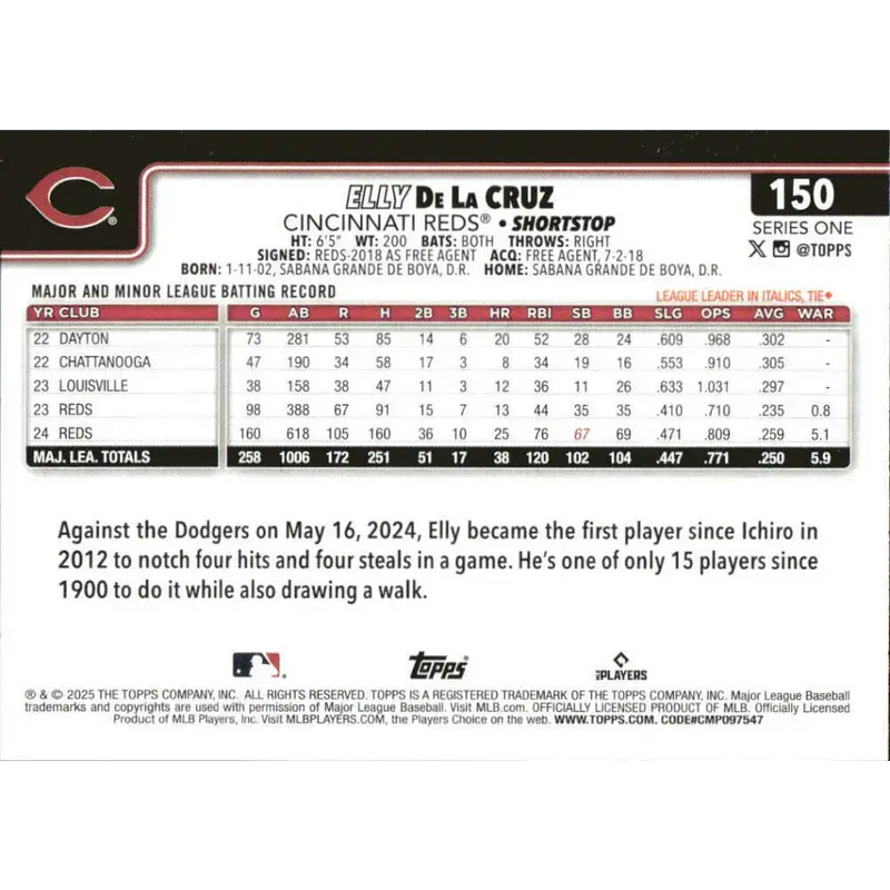 2025 Topps #150 Elly De La Cruz NM-MT Cincinnati Reds Baseball Card - Baseball Card Single