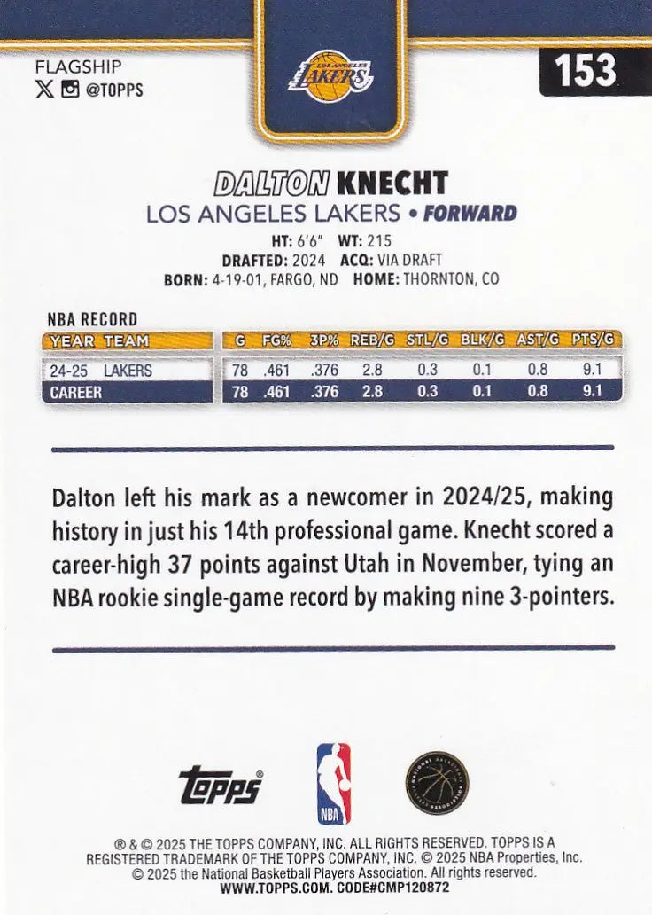 2025 TOPPS #153 DALTON KNECHT FOIL- LOS ANGELES LAKERS