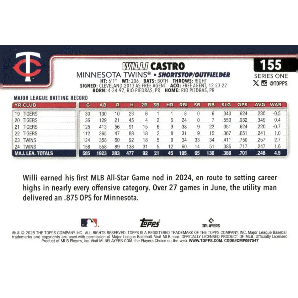 2025 Topps #155 Willi Castro NM-MT Minnesota Twins Baseball Card - Baseball Card Single