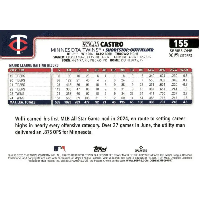2025 Topps #155 Willi Castro NM-MT Minnesota Twins Baseball Card - Baseball Card Single