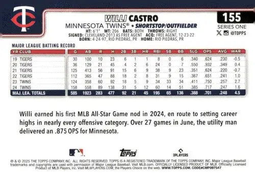 Willi Castro baseball trading card with original gloss from 2025 Topps #155 NM-MT
