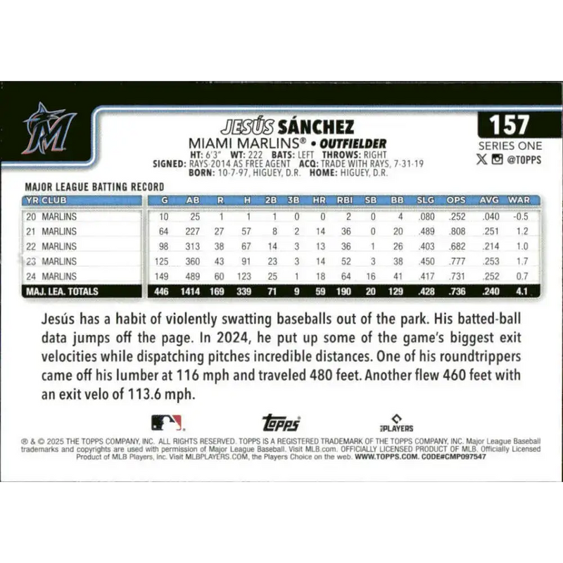 2025 Topps #157 Jesus Sanchez NM-MT Miami Marlins Baseball Card - Baseball Card Single