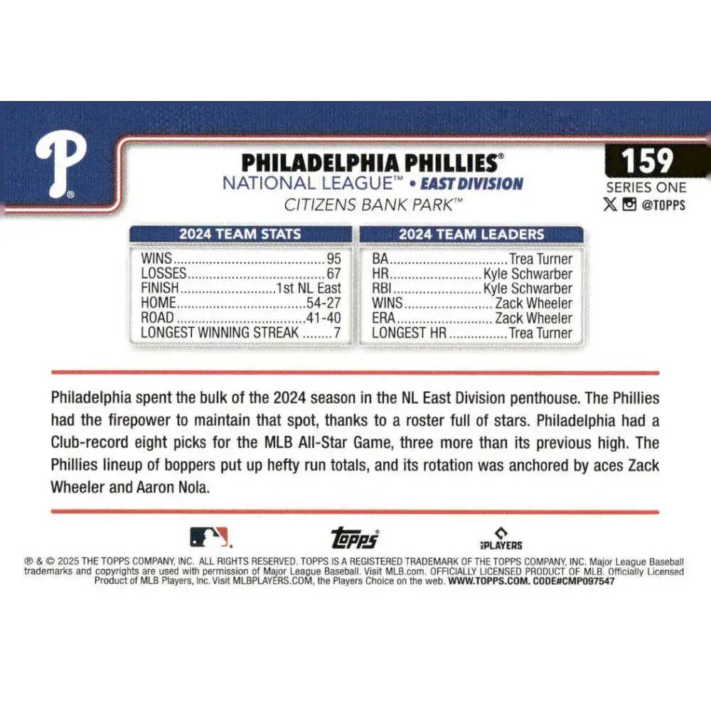 2025 Topps #159 Philadelphia Phillies NM-MT Philadelphia Phillies Baseball Card - Baseball Card Single