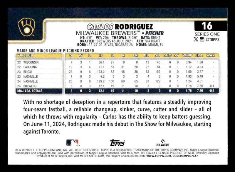 2025 Topps #16 Carlos Rodriguez - Baseball Card Single