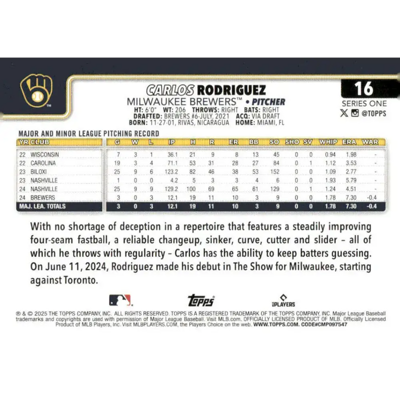 2025 Topps #16 Carlos Rodriguez NM-MT RC Rookie Milwaukee Brewers Baseball Card - Baseball Card Single