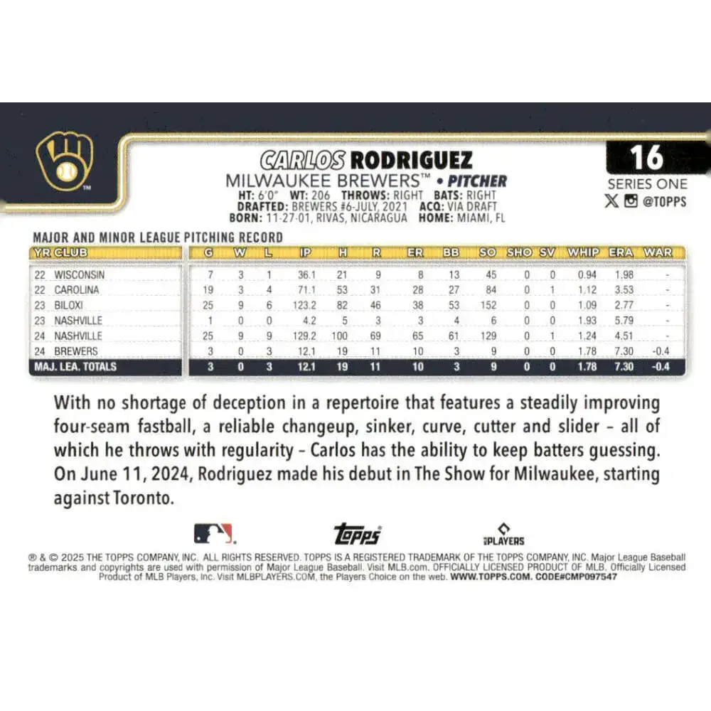 2025 Topps #16 Carlos Rodriguez NM-MT RC Rookie Milwaukee Brewers Baseball Card - Baseball Card Single