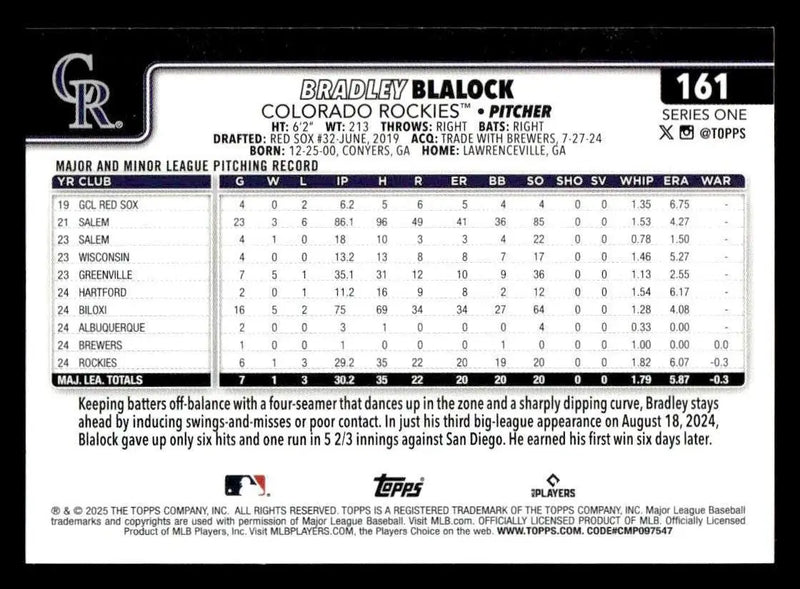 2025 Topps #161 Bradley Blalock - Baseball Card Single