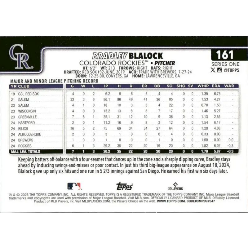 2025 Topps #161 Bradley Blalock NM-MT RC Rookie Colorado Rockies Baseball Card - Baseball Card Single