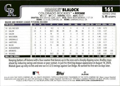 Baseball card back with pitching stats and bio for Bradley Blalock Rookie Rockies