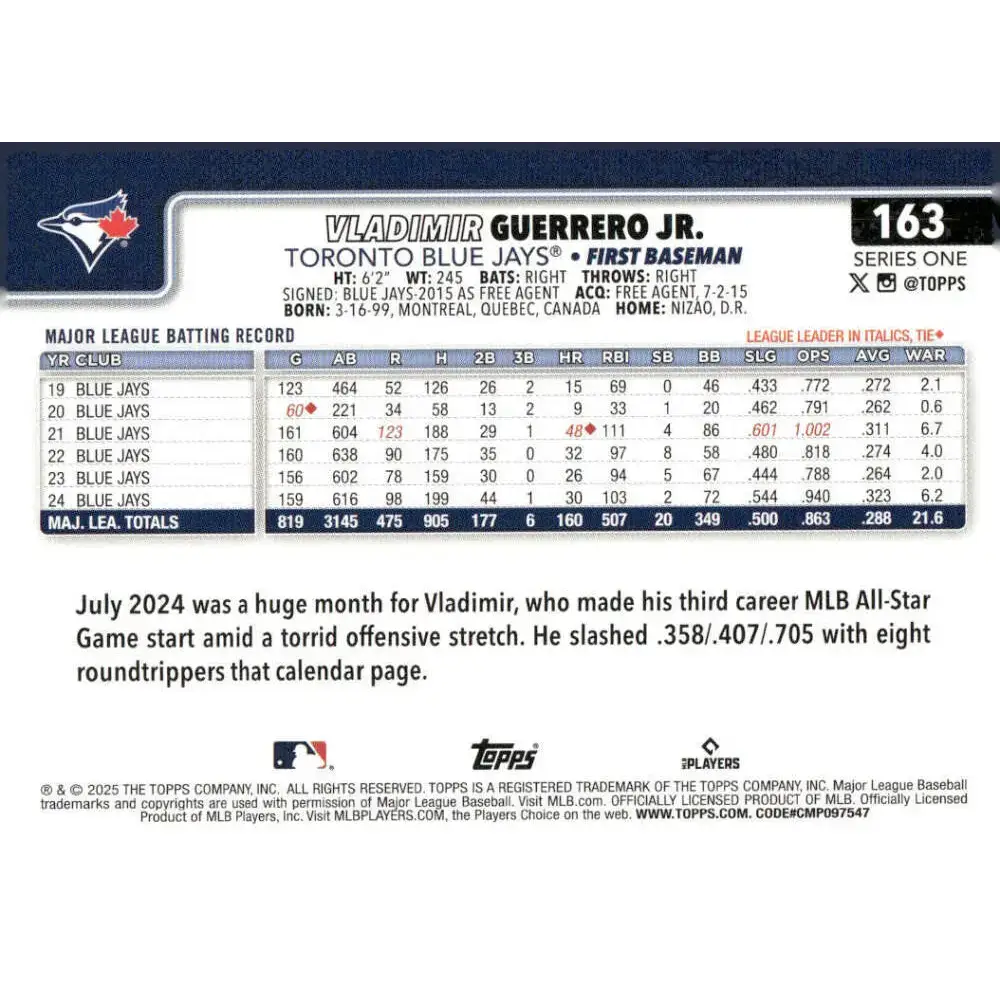 2025 Topps #163 Vladimir Guerrero Jr. NM-MT Toronto Blue Jays Baseball Card - Baseball Card Single